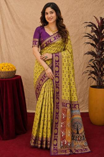 Neon wine art silk blend jacquard motif work saree with unstitched blouse piece