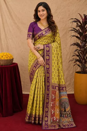 Neon wine art silk blend jacquard motif work saree with unstitched blouse piece