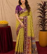 Neon wine art silk blend jacquard motif work saree with unstitched blouse piece