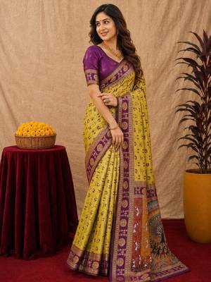 Neon wine art silk blend jacquard motif work saree with unstitched blouse piece 2