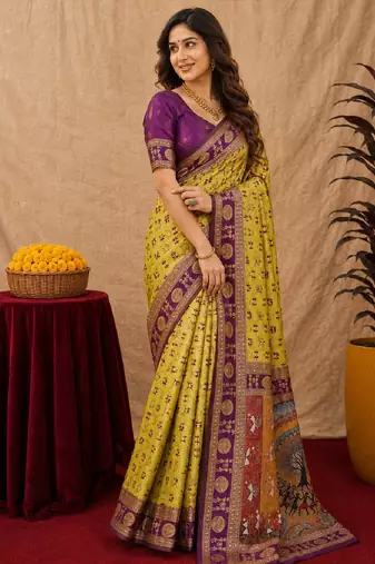 Neon wine art silk blend jacquard motif work saree with unstitched blouse piece