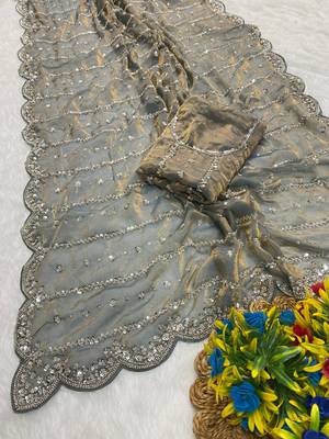 Chikoo beads embroidery work fendy satin saree with blouse 2