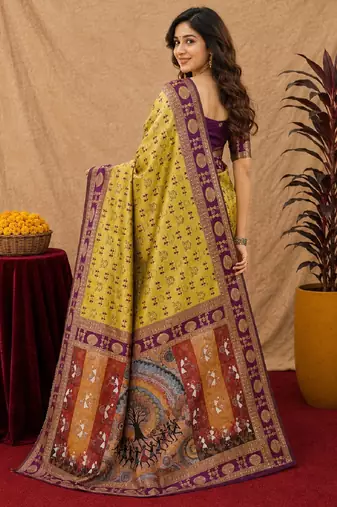 Neon wine art silk blend jacquard motif work saree with unstitched blouse piece