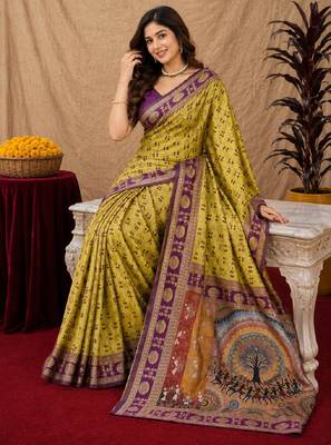 Neon wine art silk blend jacquard motif work saree with unstitched blouse piece 4