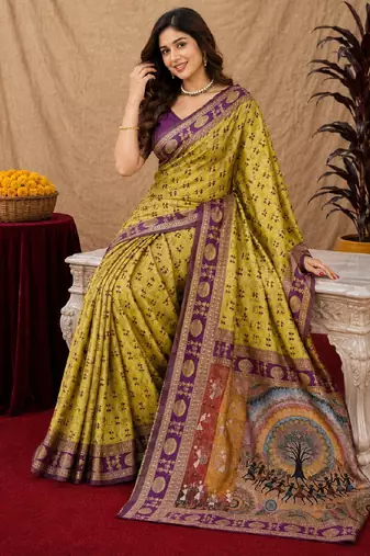 Neon wine art silk blend jacquard motif work saree with unstitched blouse piece