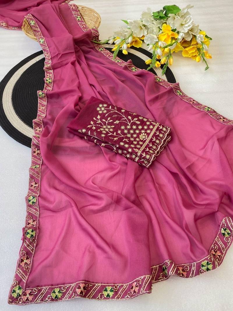 Gajari multicolor sequece embroidery work star georgette saree with blouse