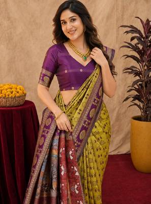 Neon wine art silk blend jacquard motif work saree with unstitched blouse piece 5