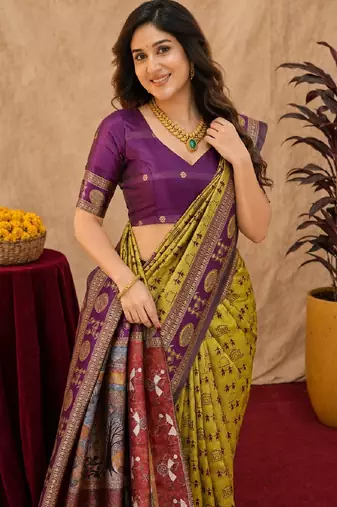 Neon wine art silk blend jacquard motif work saree with unstitched blouse piece