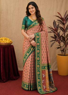 Peach green art silk blend jacquard motif work saree with unstitched blouse piece 1
