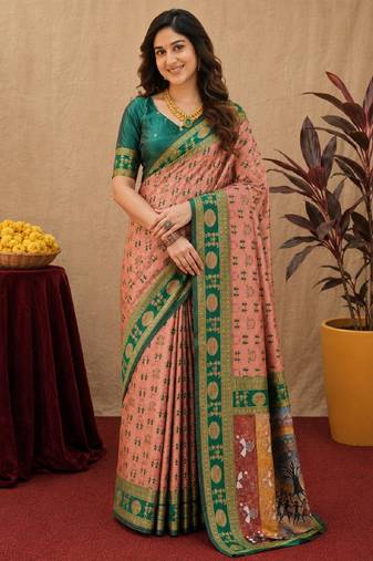 Peach green art silk blend jacquard motif work saree with unstitched blouse piece
