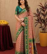Peach green art silk blend jacquard motif work saree with unstitched blouse piece