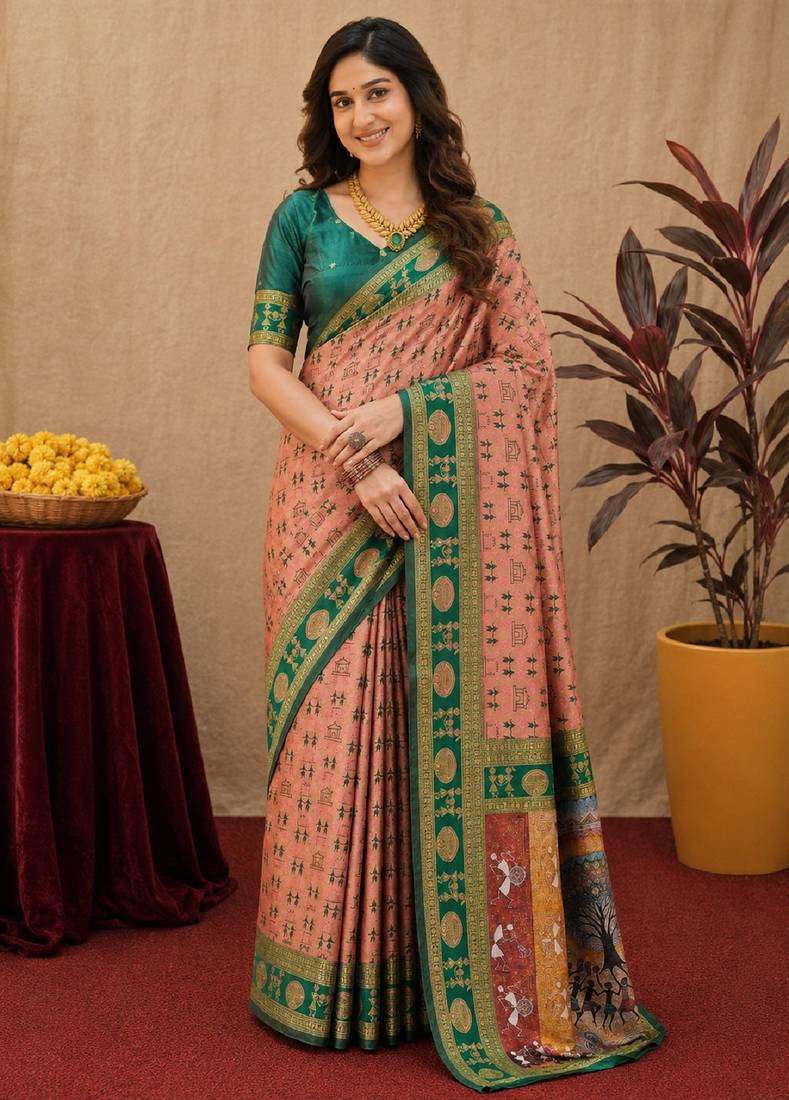 Peach green art silk blend jacquard motif work saree with unstitched blouse piece