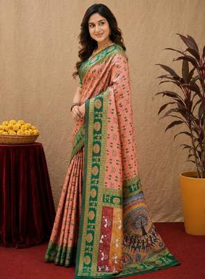 Peach green art silk blend jacquard motif work saree with unstitched blouse piece 2