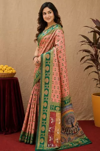 Peach green art silk blend jacquard motif work saree with unstitched blouse piece