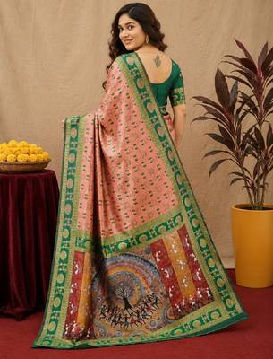 Peach green art silk blend jacquard motif work saree with unstitched blouse piece 3