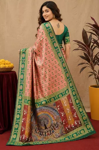 Peach green art silk blend jacquard motif work saree with unstitched blouse piece