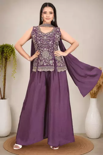 Ethnic Motifs Embroidered Sequinned Scalloped Kurti with Palazzo & Dupatta