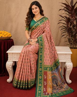Peach green art silk blend jacquard motif work saree with unstitched blouse piece 4