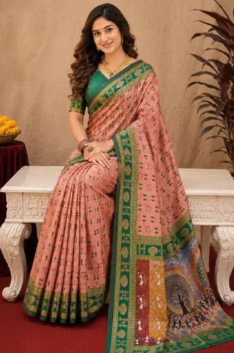 Peach green art silk blend jacquard motif work saree with unstitched blouse piece