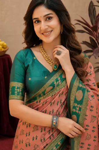 Peach green art silk blend jacquard motif work saree with unstitched blouse piece