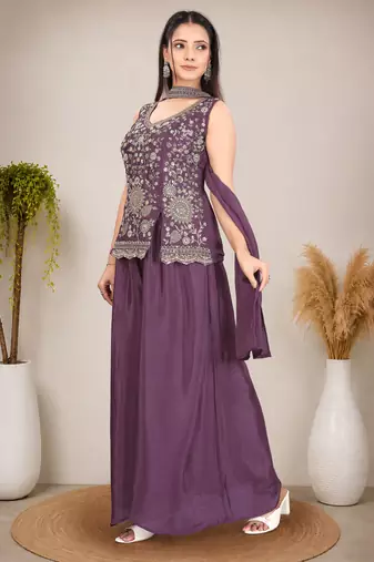Ethnic Motifs Embroidered Sequinned Scalloped Kurti with Palazzo & Dupatta