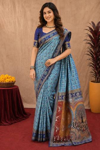 Turquoise art silk blend jacquard motif work saree with unstitched blouse piece