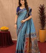 Turquoise art silk blend jacquard motif work saree with unstitched blouse piece