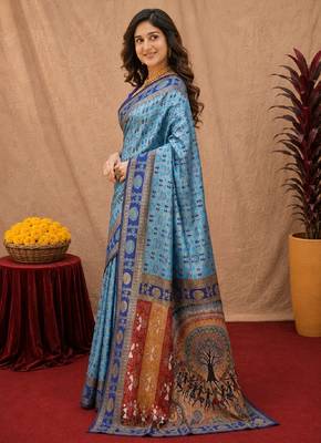 Turquoise art silk blend jacquard motif work saree with unstitched blouse piece 2