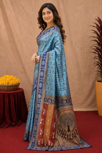 Turquoise art silk blend jacquard motif work saree with unstitched blouse piece