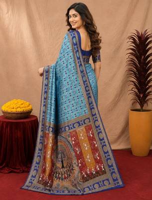 Turquoise art silk blend jacquard motif work saree with unstitched blouse piece 3