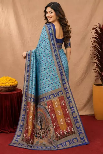 Turquoise art silk blend jacquard motif work saree with unstitched blouse piece