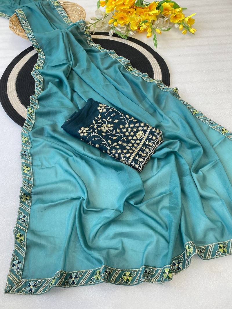 Sky multicolor sequece embroidery work star georgette saree with blouse