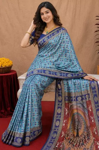 Turquoise art silk blend jacquard motif work saree with unstitched blouse piece