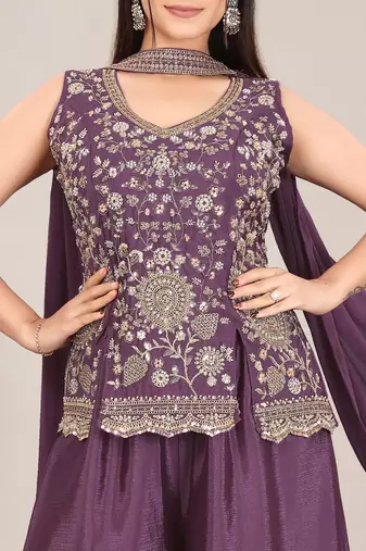 Ethnic Motifs Embroidered Sequinned Scalloped Kurti with Palazzo & Dupatta