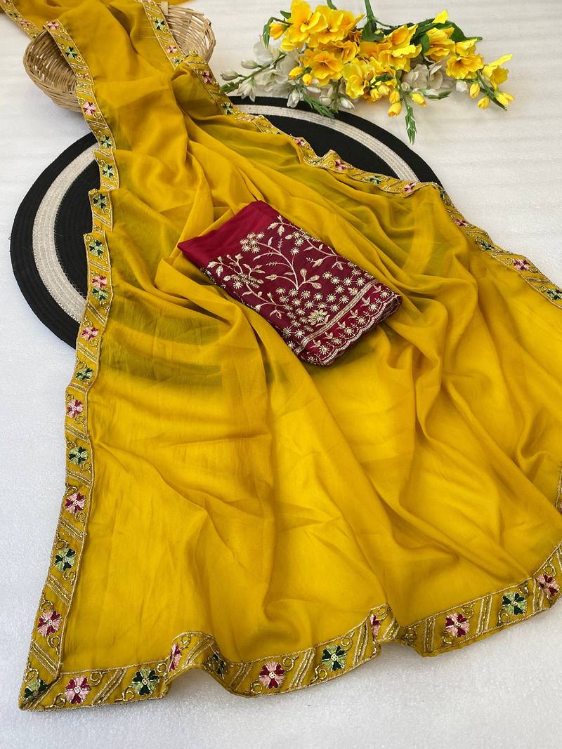Yellow multicolor sequece embroidery work star georgette saree with blouse