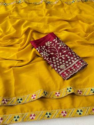 Yellow multicolor sequece embroidery work star georgette saree with blouse 3