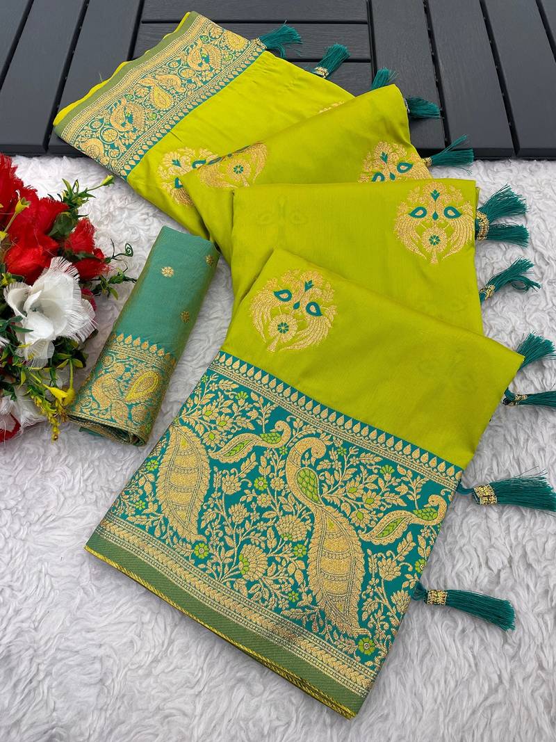 Green top dyed weaving soft silk blend saree with blouse