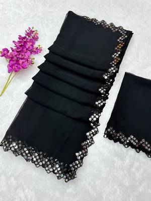 Black multicolor sequece embroidery work georgette saree with blouse 1