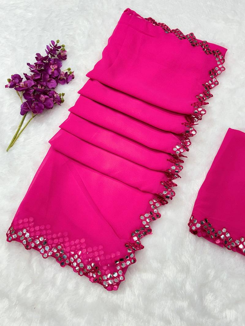 Rani pink multicolor sequece embroidery work georgette saree with blouse