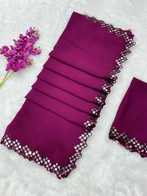 Wine multicolor sequece embroidery work georgette saree with blouse 1