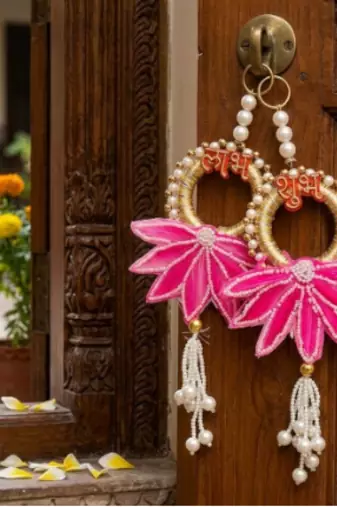 handcrafted pink lotus patch shubh door hanging toran for home decor (pack of 2)