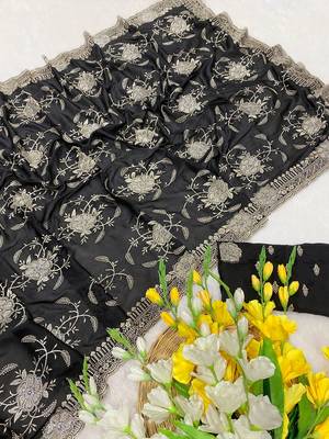 Black zari embroidery work star georgette saree with blouse 1