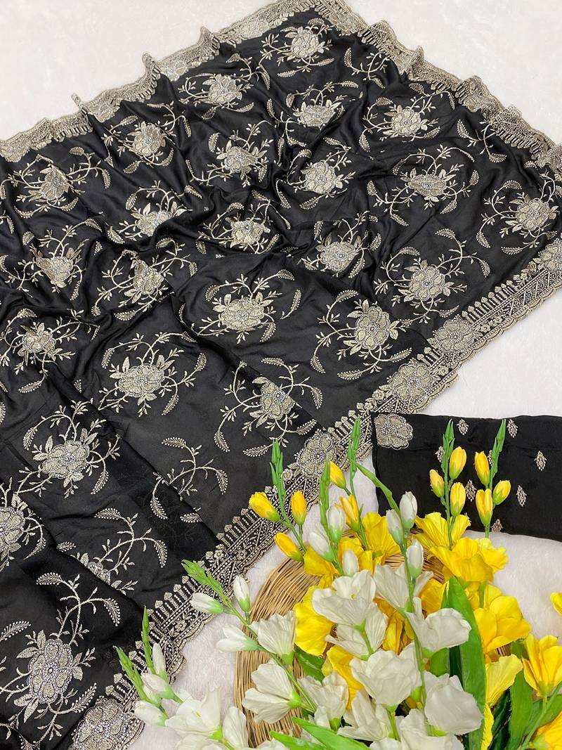 Black zari embroidery work star georgette saree with blouse