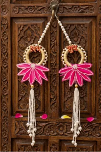 handcrafted pink lotus patch shubh door hanging toran for home decor (pack of 2)