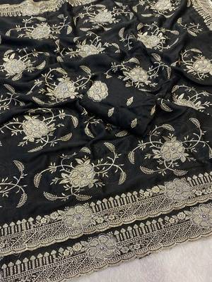 Black zari embroidery work star georgette saree with blouse 3