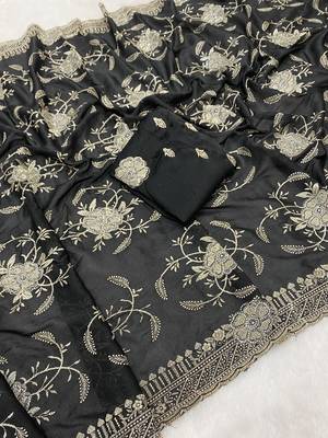 Black zari embroidery work star georgette saree with blouse 4
