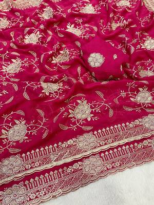 Pink zari embroidery work star georgette saree with blouse 1