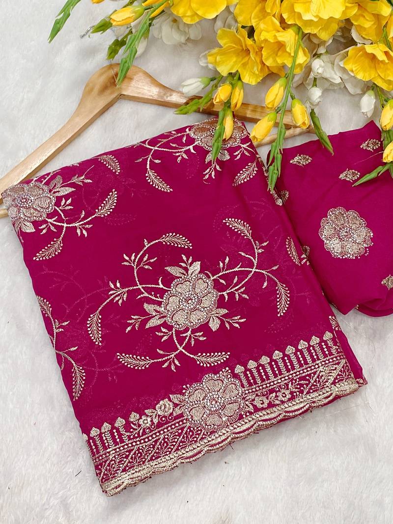 Pink zari embroidery work star georgette saree with blouse