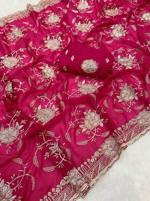 Pink zari embroidery work star georgette saree with blouse 3