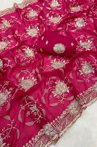 Pink zari embroidery work star georgette saree with blouse